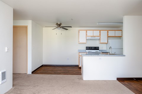 A kitchen area with a white counter and a fan on the ceiling.