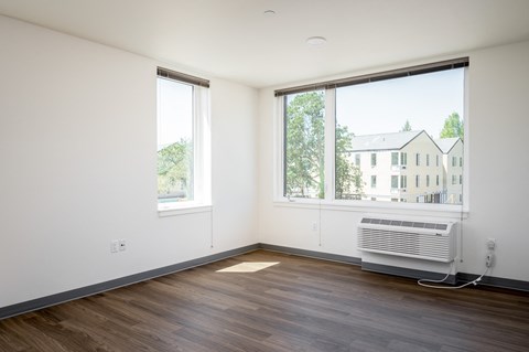 an empty room with a radiator and two windows