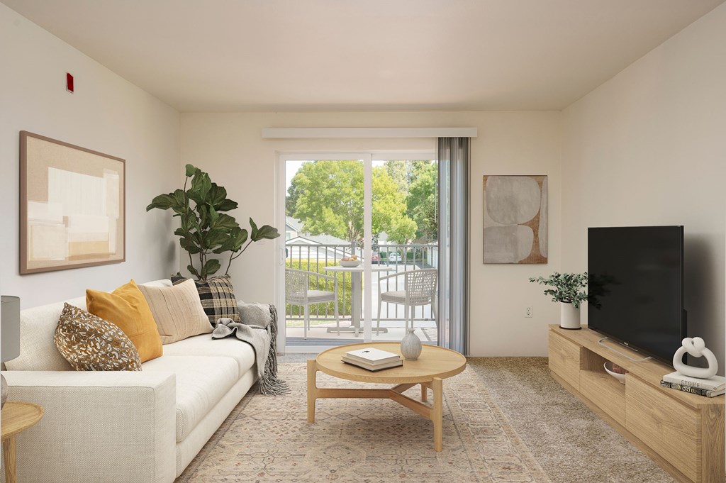 A living room with a couch, coffee table, and television.