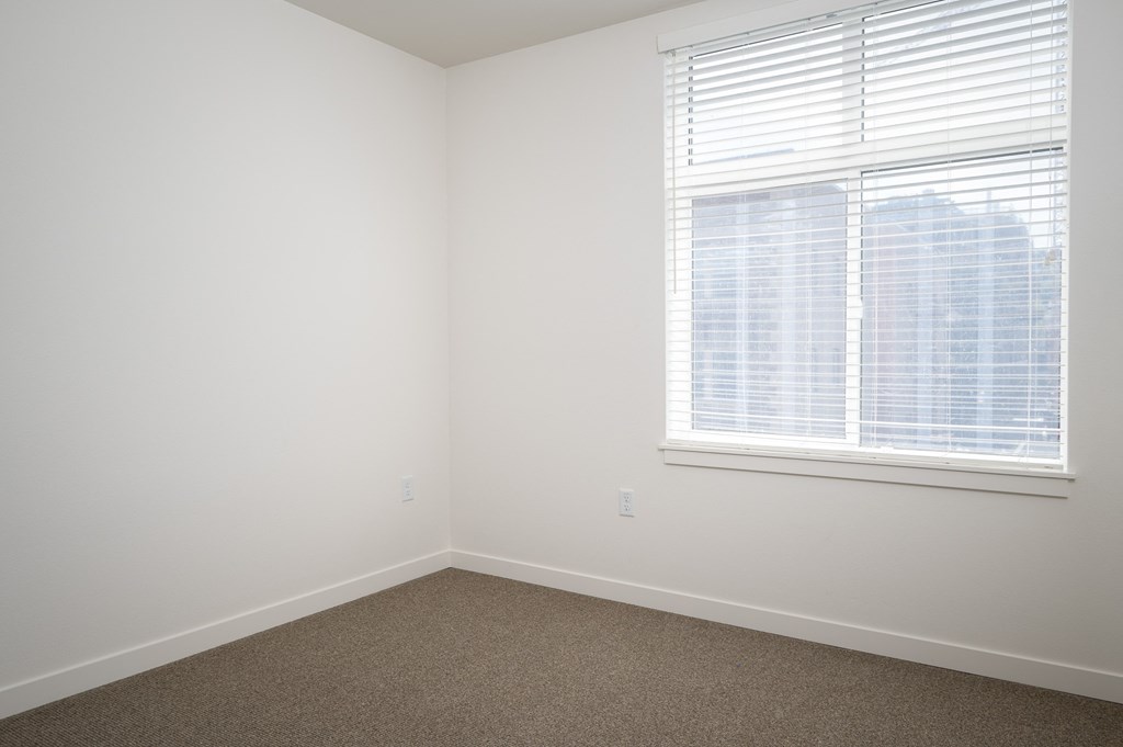 an empty room with a window and a carpet