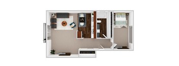 A top-down view of a small apartment with a kitchen, living room, and bedroom.
