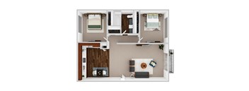 A top-down view of a small apartment with a kitchen, living room, and bedroom.