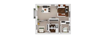 A top-down view of a small apartment with a bedroom, living room, and kitchen.