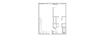 A floor plan of a house with a kitchen, living room, and bathroom.