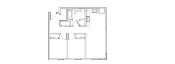 A floor plan of a house with a kitchen, living room, and two bedrooms.