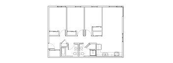A black and white floor plan of a house with a kitchen, living room, and bathrooms.