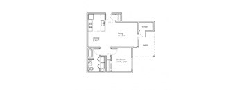 A floor plan of a small apartment with a bedroom, a living room, a dining room, and a storage area.