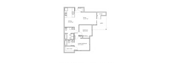 A floor plan of a small apartment with a bedroom, living room, and a dining area.