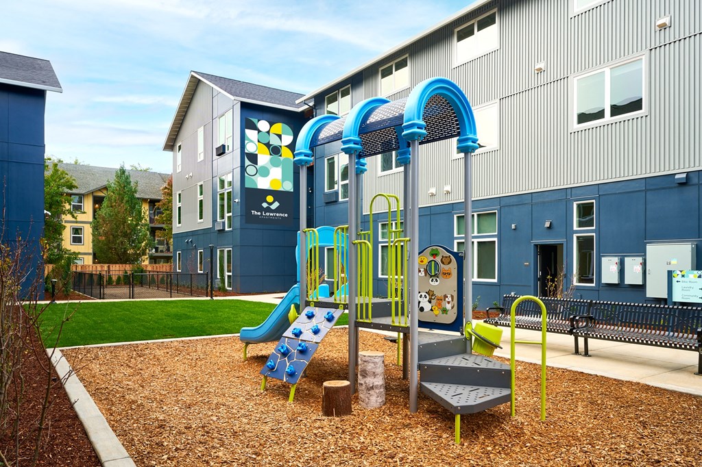 a playground in front of a building