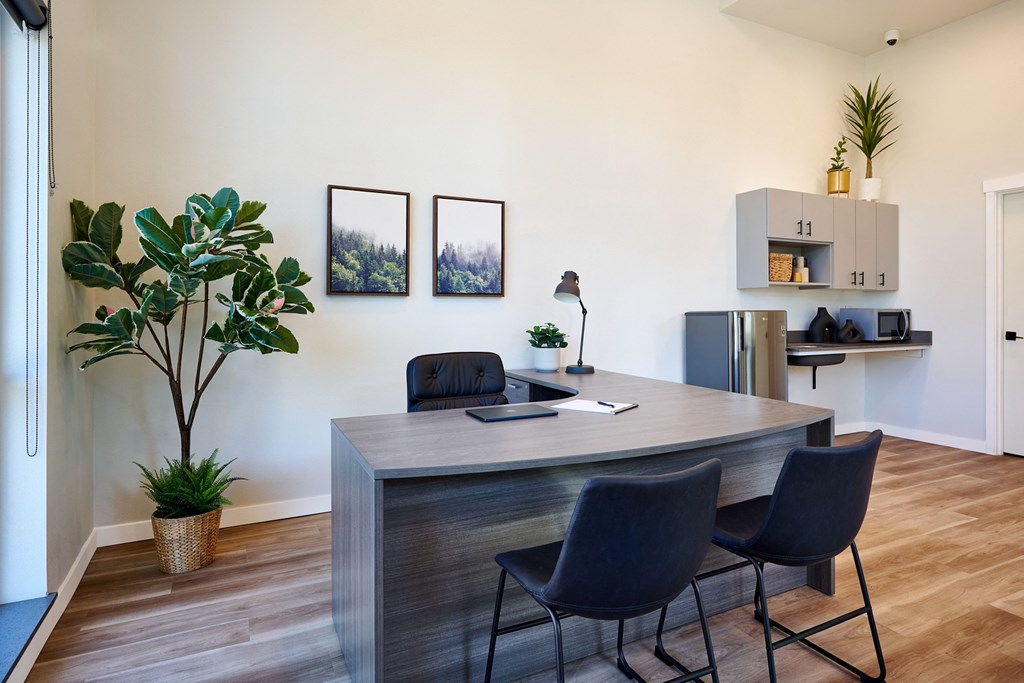 an office with a desk and chairs and a plant