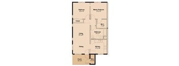A floor plan of a house with a porch, two bedrooms, a master bedroom, a closet, a bathroom, a dining area, a kitchen, and a storage space.