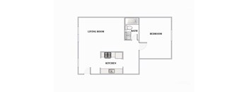 A floor plan of a house with a living room, kitchen, bathroom and bedroom.