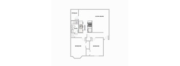 A floor plan of a small apartment with two bedrooms, a living room, kitchen, and bathroom.