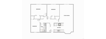 A floor plan of a house with three bedrooms, a living room, a kitchen, and a bathroom.