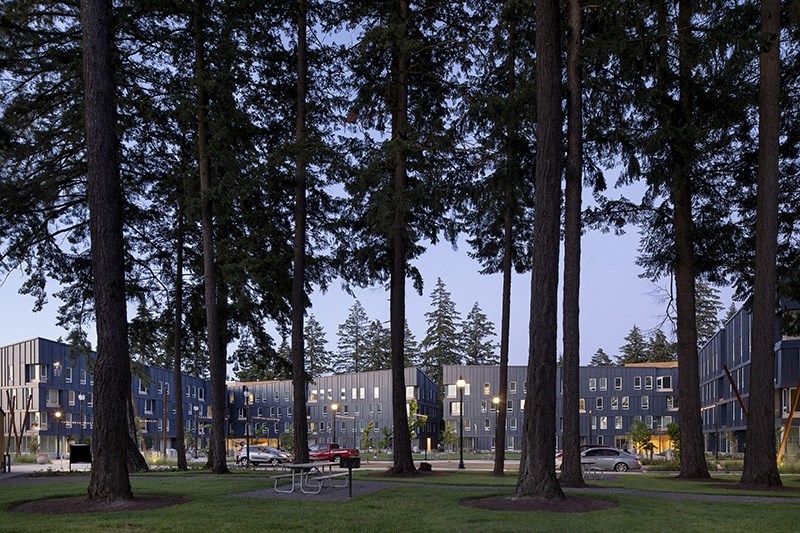 a row of apartment buildings with trees in the foreground