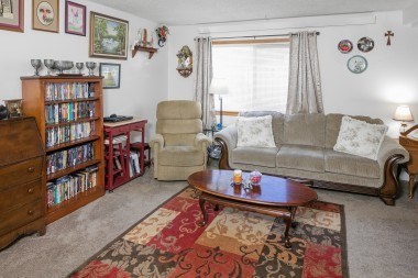 A living room with a couch, chair, and bookshelf.