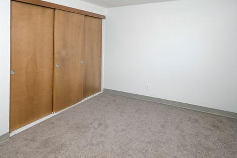 a bedroom with carpet and wooden closet doors