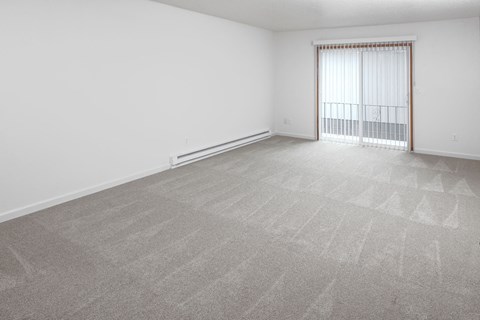 a bedroom with a large window and a carpeted floor