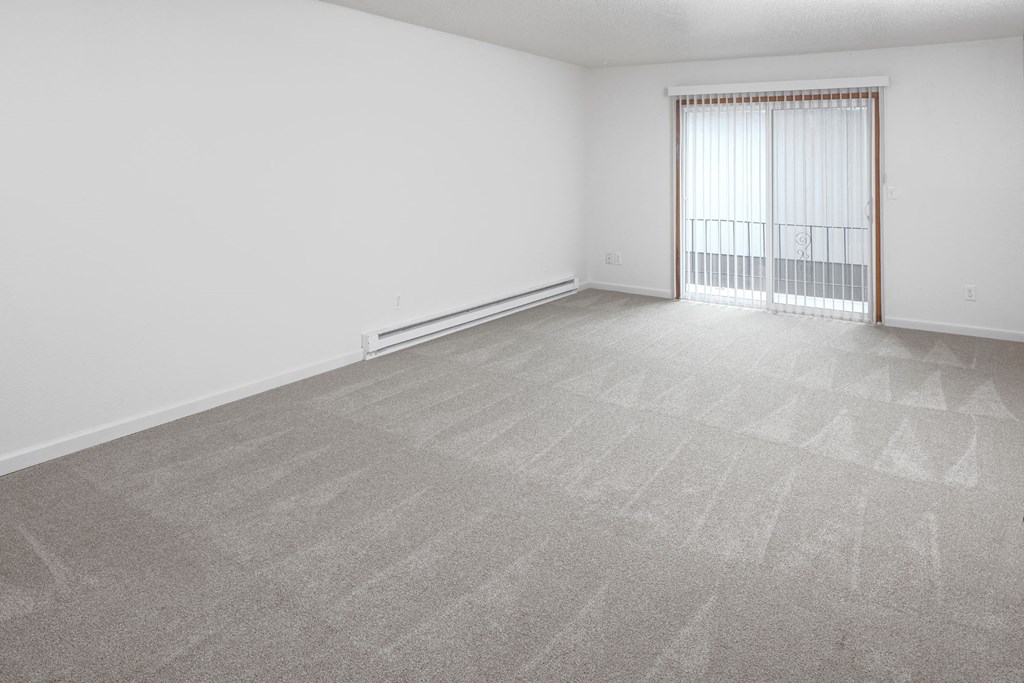 a bedroom with a large window and a carpeted floor