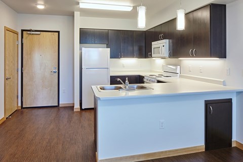 A kitchen with a white counter top and black cabinets.