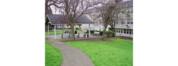 a park with benches in front of a building