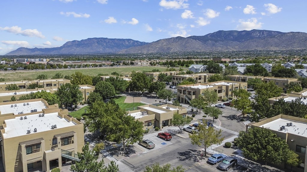 A view of a parking lot with cars and buildings in the foreground and mountains in the background.