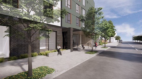 a rendering of a building with people walking on a sidewalk