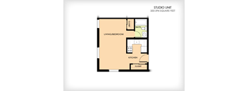 A floor plan of a studio unit with a living/bedroom area, kitchen, and bathroom.