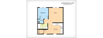A floor plan of a one bedroom unit that is 600 square feet.
