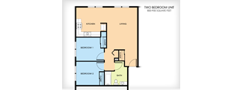 A floor plan of a two bedroom unit with a living room, kitchen, and bathroom.