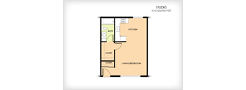 A floor plan of a studio apartment with a living/bedroom area, kitchen, and two closets.