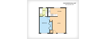 A floor plan of a one bedroom unit that is 550 square feet.
