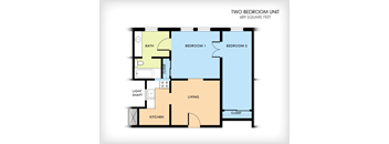 A floor plan of a two bedroom unit with a living area, kitchen, and bath.