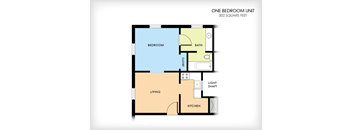A floor plan of a one bedroom unit with a living area, kitchen, bath, and bedroom.