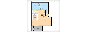 A floor plan of a two bedroom unit, 826 square feet in size.