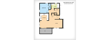A floor plan of a one bedroom unit with a laundry room and closet.