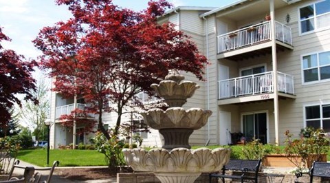 A red tree is in front of a building.