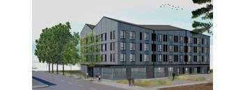 a rendering of a three story building on a city street