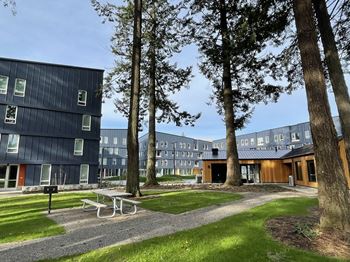 a courtyard with a picnic table and benches in front of a row of modern buildings