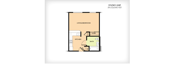 A floor plan of a studio unit with a living/bedroom, kitchen, and bath.