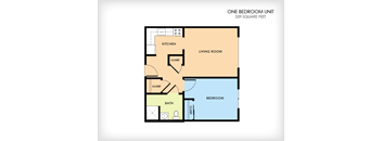 A floor plan of a one bedroom unit that is 539 square feet.