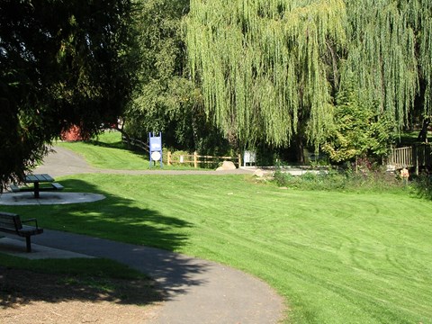A park with a pathway, benches, and trees.