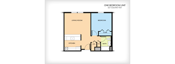 A floor plan of a one bedroom unit with a living room, kitchen, closet, bathroom and bedroom.