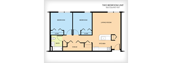A floor plan of a two bedroom unit with a living room, kitchen, bath, and storage.