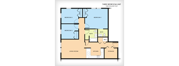 A floor plan of a three bedroom unit with a living room, kitchen, and storage.
