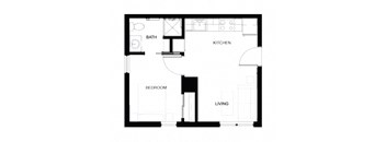 A black and white floor plan of a small apartment with a bedroom, kitchen, and bathroom.