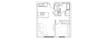 A floor plan of a house with a kitchen, living room, and bathroom.
