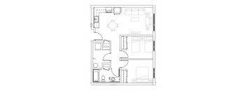 A floor plan of a house with a kitchen, living room, dining room, and bathroom.