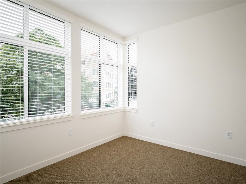 an empty room with three windows and a carpet
