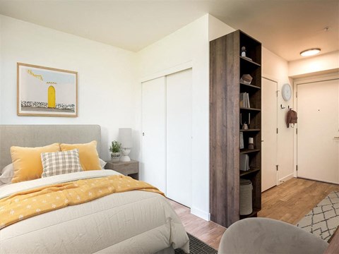 a bedroom with a bed and a closet